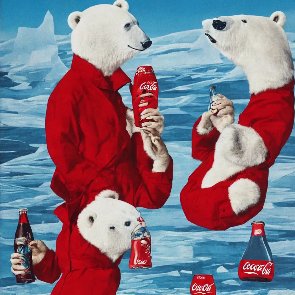 Image similar to woman wearing a parka drinking a bottle of coke in front of an icy polar landscape, polar bear in the far background, coka-cola advertisement, pinup style, retro ad, print advertising, 1960's