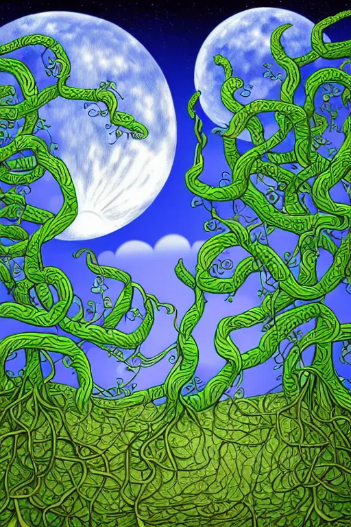 Image similar to a beautiful digital illustration painting of a detailed fantasy full moon and roots, throne chair and vines puffy clouds mystical skyby howard arkley. 8 k resolution trending on artstation concept art digital illustration