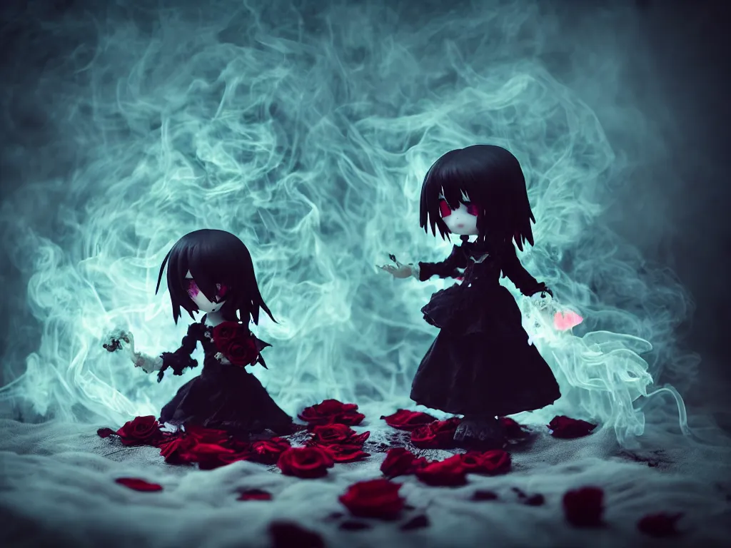 Image similar to cute fumo plush of a gothic maiden girl clutching lots of decayed roses, stale twilight, swirling vortices of emissive smoke and volumetric fog over the river, bokeh, vignette, vray