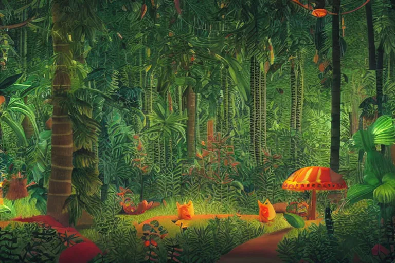 Image similar to photorealistic, night jungle, forest, stars, highly detailed, unreal engine render concept art, style of henri rousseau and richard scarry and hiroshi yoshida