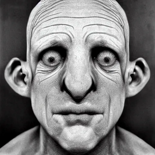 Image similar to color photo of weirdo, shaved eyebrows, thin lips, jimmy durante nose, pale skin, suffering from neurofibromatosis, realistic, high detail, high quality, jerry uelsmann, trending on pinterest