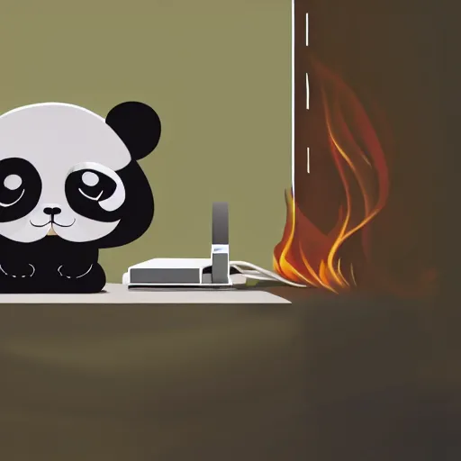 Image similar to a sad panda sitting next to the PC that just caught fire