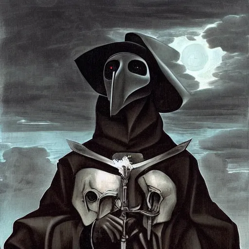 Image similar to medieval plague doctor under the cloudy sky apocalyptic deviant art dark art caravaggio