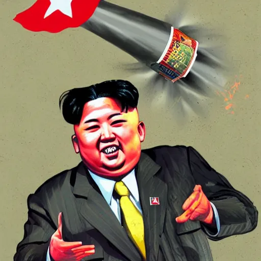 Image similar to Kim Jong-Un riding a nuclear rocket, detailed face, high resolution, illustration, art