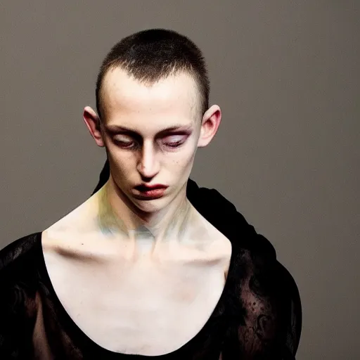 Image similar to a beautiful young male wearing iris van herpen painted by michelangelo