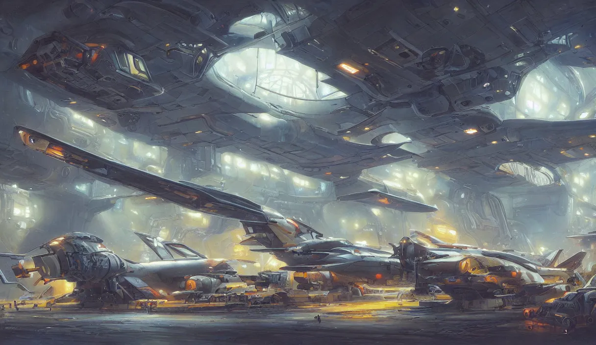 Image similar to a painting of a sci fi hangar, by jesper ejsing