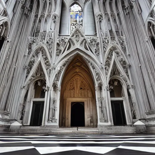 Image similar to architect, white marble gothic cathedral with a alabaster gothic girl dressed in black with perfect face