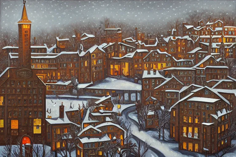 Prompt: small town in winter by jeffrey smith, cubism!!!, 3 d depth, oil on canvas, trending art station, masterpiece