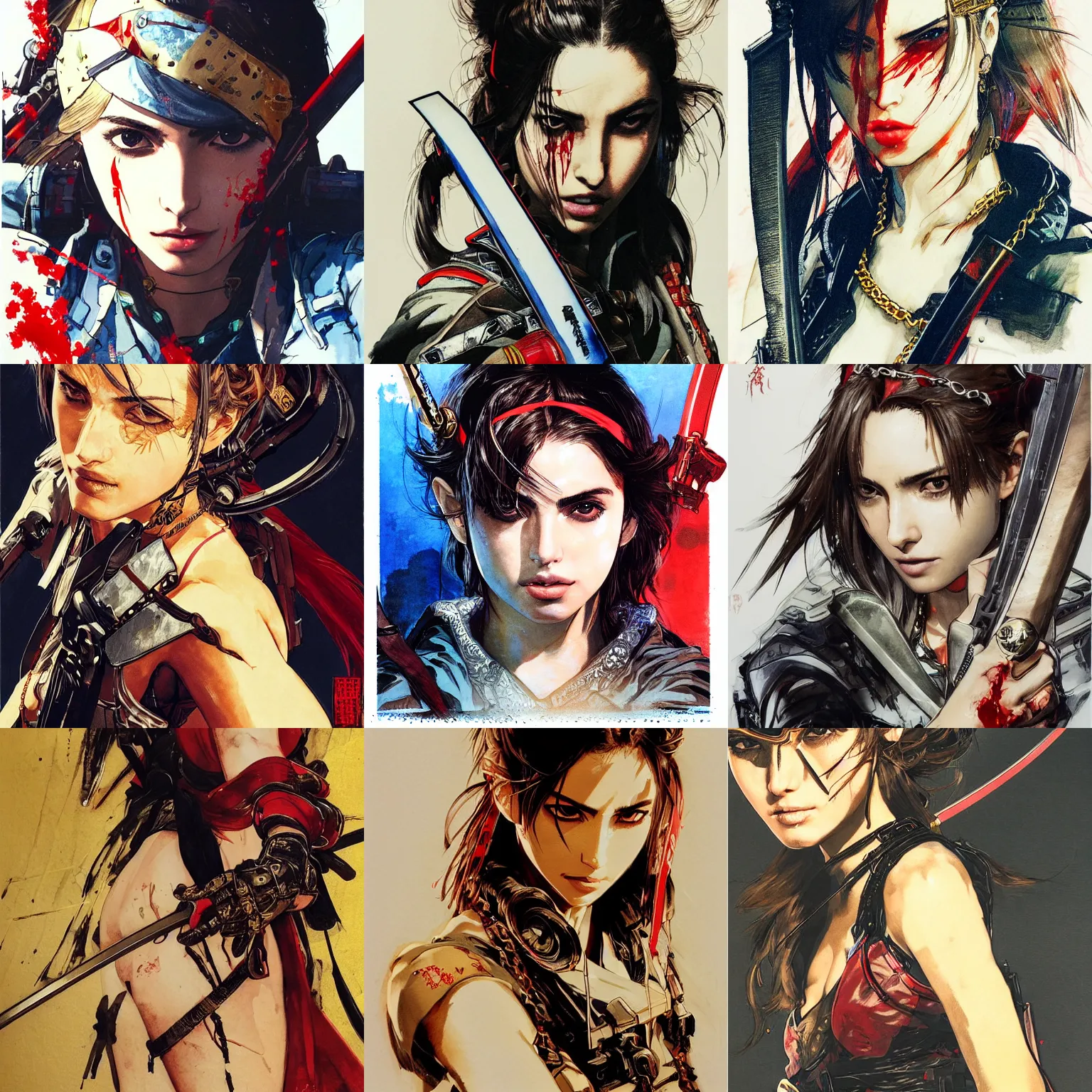 Prompt: portrait of ana de armas using her right arm to grip a katana that is covering his eye illustrated by yoji shinkawa, high quality, extra details, realism, ornate, colored, golden chain, blood, vivid, sunlight, red headband, painting, cybernetics, military