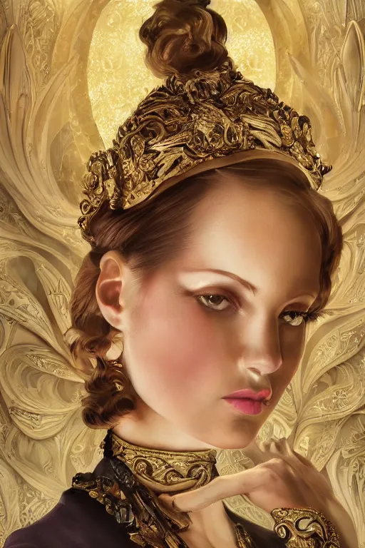 Image similar to An extremely beautiful Art Deco ornate portrait of a young attractive woman with a beautiful bone structure, professionally painted digital art illustration, smooth, sharp focus, atmospheric lighting, highly detailed illustration highlights, golden ratio, extremely detailed winning award masterpiece, 8K post-processing, trending on artstation flawless, prismatic highlights, telephoto, depth of field, cinematic, macro, concept art, wepa digital, elegant, epic, octane render, v-ray, C4D