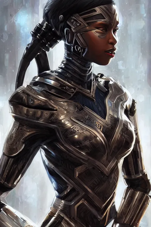 Image similar to art by artgerm, ultra realistic illustration, wakandan warrior in a steampunk style armor, hacknaut cyberpunk, sci - fi, fantasy, intricate, elegant, highly detailed, digital painting, artstation, concept art, smooth, sharp focus, illustration.