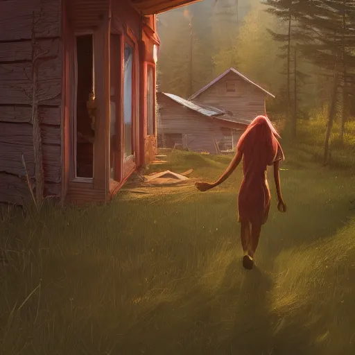 Image similar to woman leaving her wooden broken house by simon stålenhag, very highly detailed, award winning, rendered by Beeple, by Makoto Shinkai, syd meade, starwars, space art concept, digital art, unreal engine, blender, WLOP, trending on artstation, 4K UHD image, octane render