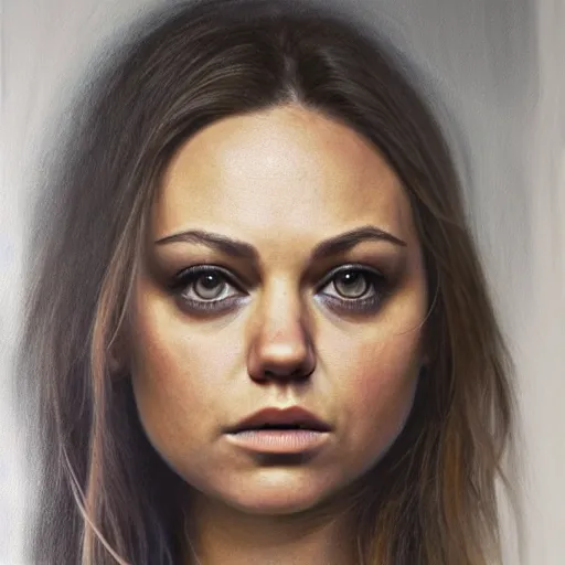 Prompt: portrait of the daughter of mila kunis and jennifer lawrence as a young woman, hyperdetailed, hyperrealism.