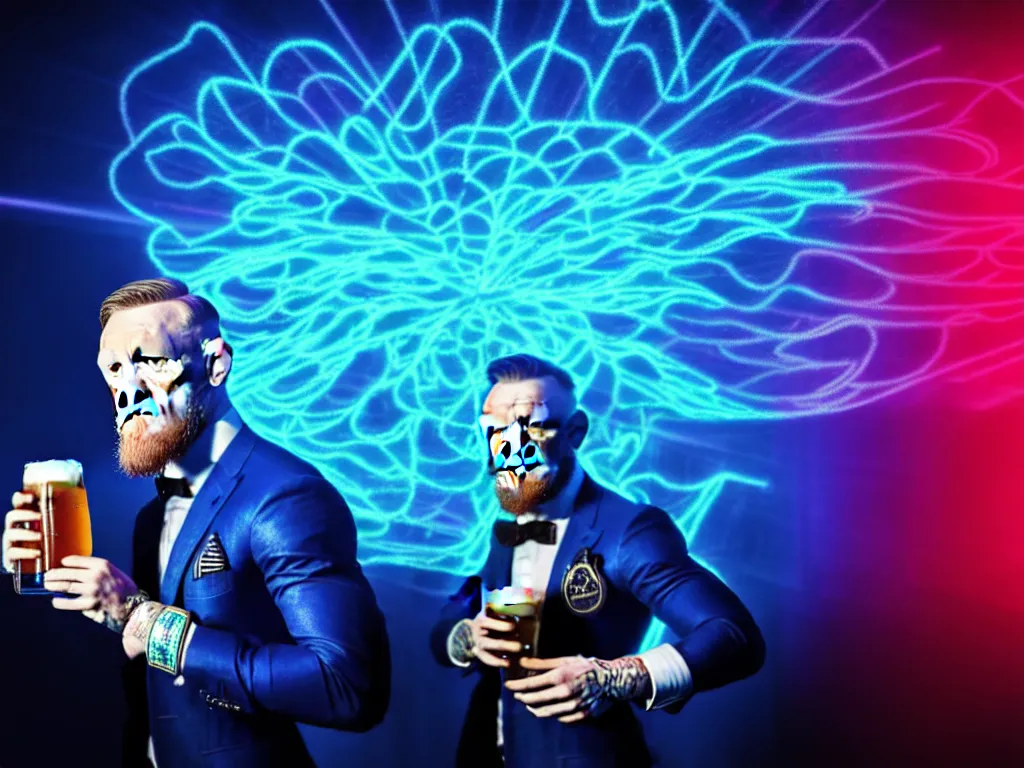 Prompt: conor mcgregor drinking a beer in an irish pub, laser show with blue cloud patterns, well framed, neon standup bar, trending on art station, in the style of the movie heat with al pacino, volumetric lighting & shadows, digital art, unreal engine, 4 0 0 mm f 1. 2,