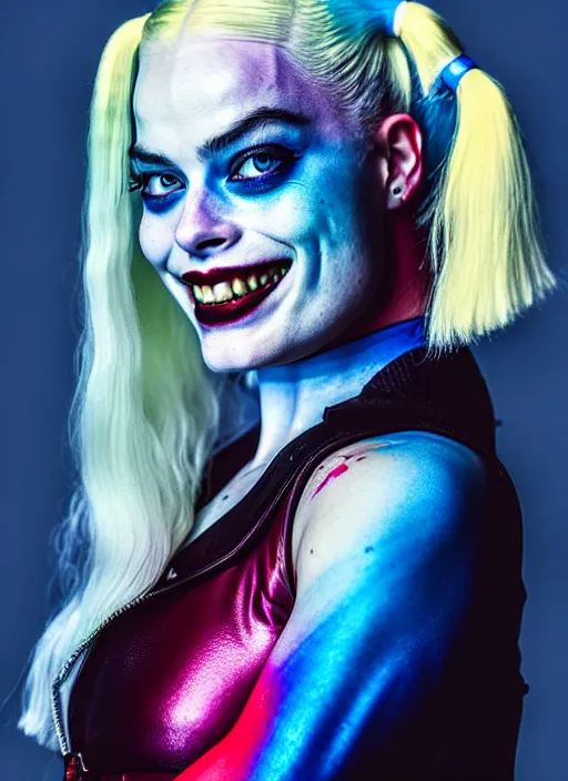 Prompt: 2 8 mm side portrait of beautiful suicide squad happy margot robbie with long white hair that looks like harley quinn, gotham city double exposure, angry frown, glamour pose, watercolor, frank miller, annie leibowitz