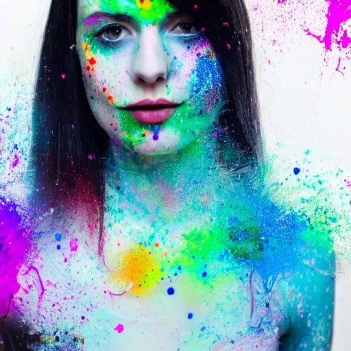 Image similar to beautiful scottish dark haired woman, pale skin, splattered with coloured paint, 4 k, zoomed