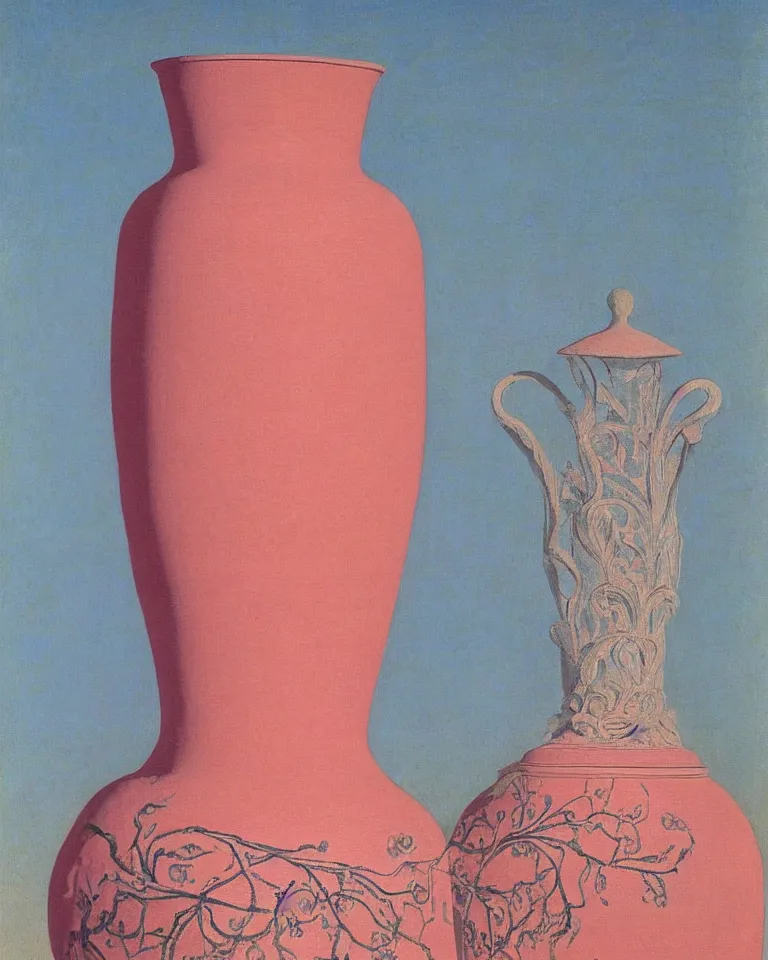 Image similar to achingly beautiful print of intricately painted ancient greek amphora on a pink background by rene magritte, monet, and turner.