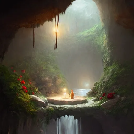 Image similar to cozy, hotspring hidden in a cave, candlelight, towels, cushions, natural light, roses, lush plants and flowers, elegant, smooth cave rock, fantasy, atmospheric lighting, digital painting, Greg Rutkowski concept art