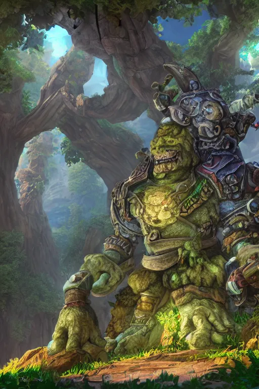 Image similar to zelda fantasy art giant golem troll wood rock greeble gemstone, global illumination ray tracing hdr fanart arstation by sung choi and eric pfeiffer and gabriel garza and casper konefal