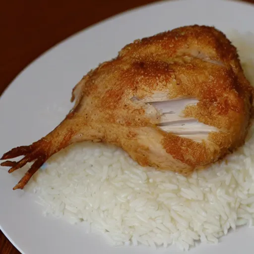 Prompt: a chicken made of rice