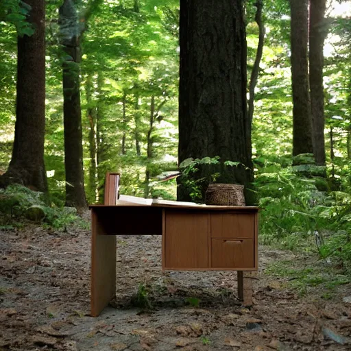 Prompt: A small desk in the middle of a forest by Hayao Miyazaki