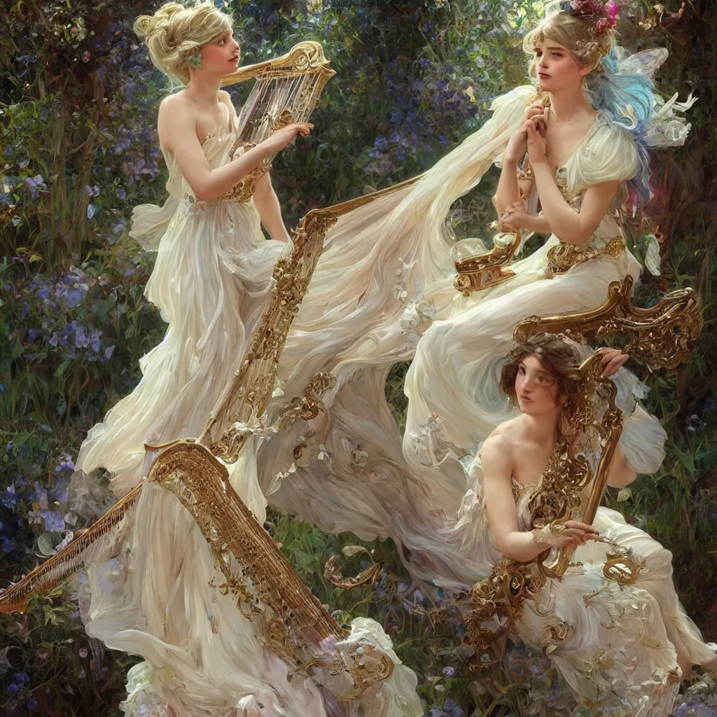 Prompt: portrait of a fairy is playing the harp, dreamy and ethereal, happy expression, ornate frilly dress, fantasy, intricate, elegant, colored crystal, highly detailed, digital painting, artstation, concept art, smooth, sharp focus, illustration, art by artgerm and greg rutkowski and alphonse mucha