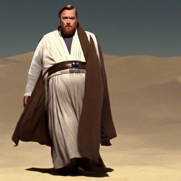 Image similar to obi wan kenobi but obese!! and overweight, photoralistic rendering, movie still, screenshot, hyperdetailed