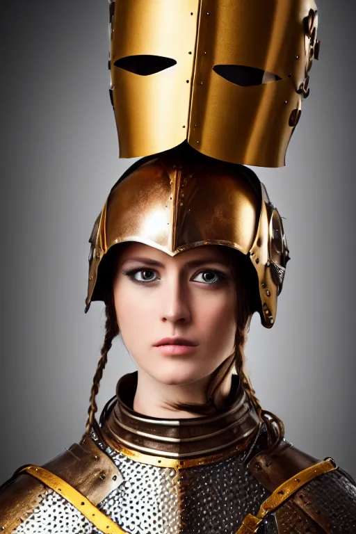 Prompt: female medieval knight, brown hair, designed by gucci, gold and luxury materials, symmetrical, cinematic, elegant, professional studio light, real dlsr photography, sharp focus, 4 k, ultra hd, sense of awe, high medieval fashion