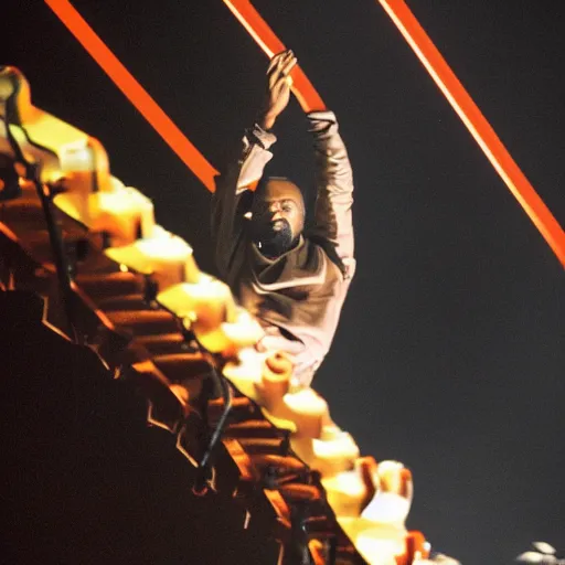 Image similar to kanye west performing a live concert on a moving roller coaster