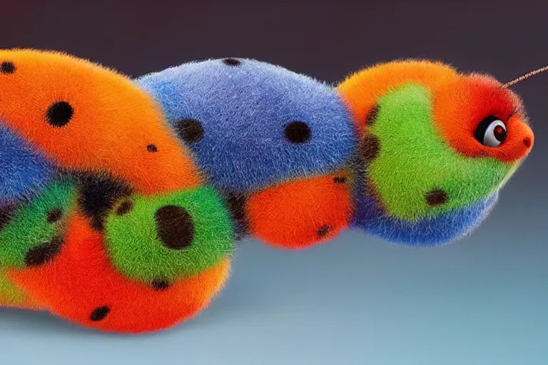 Image similar to disney pixar's a bug's life, cgi caterpillar colorful, furry caterpillar