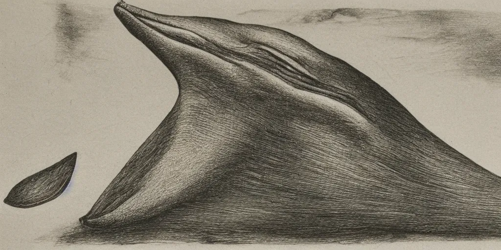 Image similar to pencil etching of a whale with pointed monstrous teeth, highly detailed