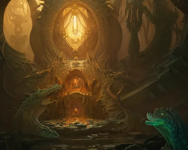 Image similar to crocodile god lair, deep focus, d & d, fantasy, intricate, elegant, highly detailed, digital painting, artstation, concept art, matte, sharp focus, illustration, hearthstone, art by artgerm and greg rutkowski and alphonse mucha