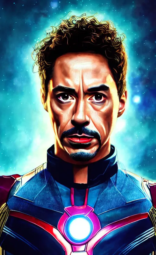 Image similar to portrait of robert sheehan as tony stark from the avengers infinity war, marvel concept art, hyperrealistic, detailed, accurate illustration, dramatic lighting, action pose