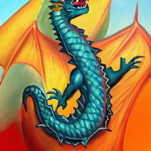 Prompt: a oil painting of a dragon, low energy, positive mood