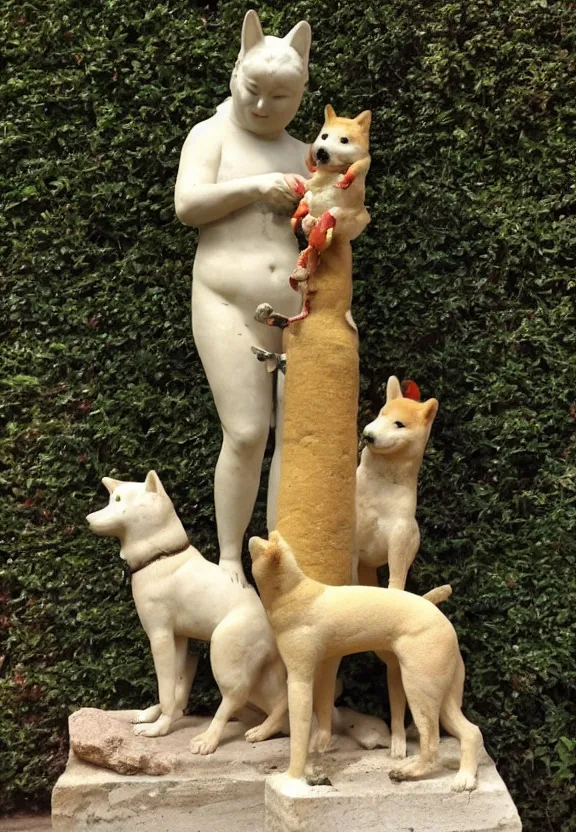 Prompt: ancient roman statue of a shiba inu feeding its young
