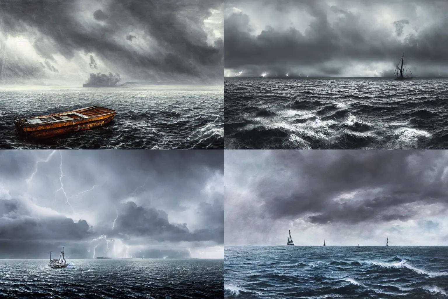 Prompt: an island in the distance, surrounded by abandoned ships and shipwrecks, coated in fog, raining, the sun is behind clouds, water is grey, storm, lightning, perspective is from a wooden boat, sailing towards the island. photorealistic, painting