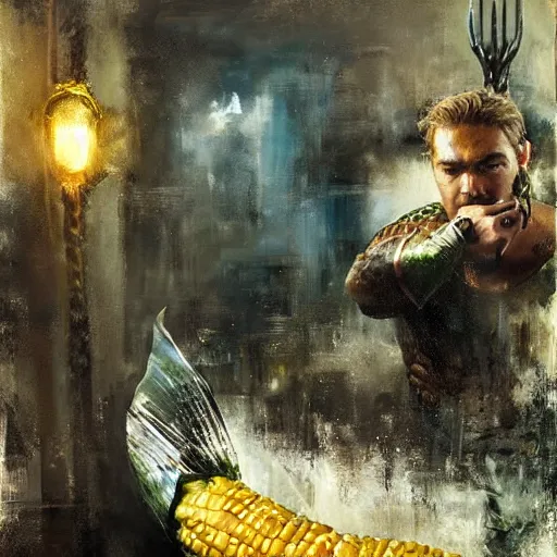 Image similar to aquaman eating corn, jeremy mann painting