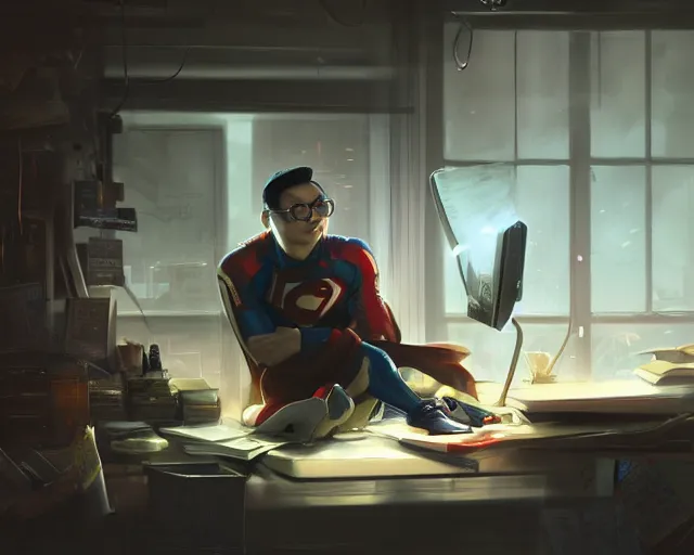 Image similar to an insanely detailed painting of a nerdy asian man wearing a superhero costume, sitting at a desk, staring at the nervously at the computer and typing, in the style of peter mohrbacher, dramatic lighting and composition, octane render, pixar, trending on artstation, concept art, comic book, view from behind