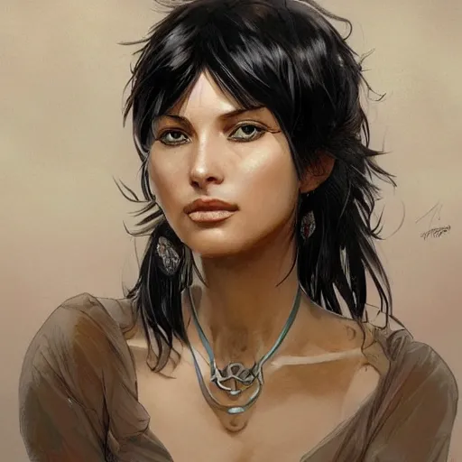 Image similar to woman with short, spiky black hair and dark skin, slanted amber eyes, long thin scar on her face. highly detailed, digital painting, artstation, concept art, sharp focus, beautiful face, expressive eyes, illustration, art by Artgerm and greg rutkowski and alphonse mucha