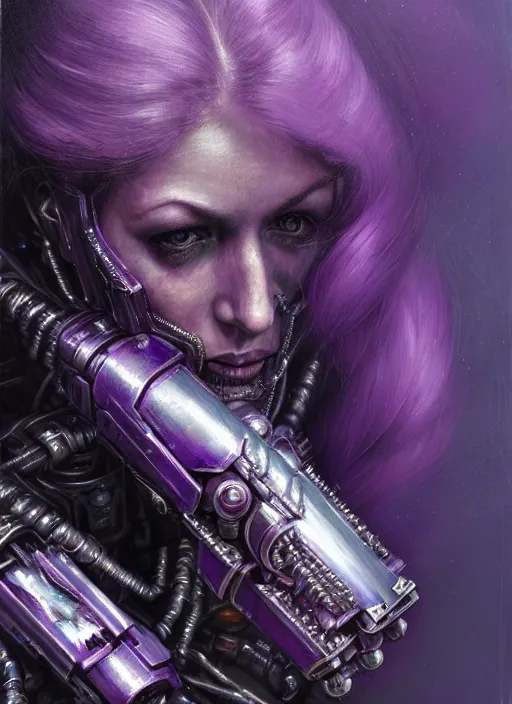 Image similar to extreme close up, portrait of a woman in purple sci - fi armor, bionic arm, intricate, warhammer, warhammer 4 0 k, highly detailed, digital painting, concept art, sharp focus, illustration, muted colors, grim dark, moody, gloomy, art by john blanche, by pedro nunez, by jaime martinez, by nacho molina