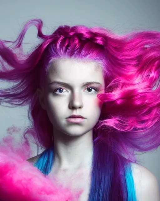 Prompt: a dramatic lighting photo of a beautiful young woman with cotton candy hair. moody, melanchonic. with a little bit of cyan and pink