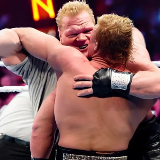 Image similar to chris jericho and brock lesnar hugging in the ring, wwe