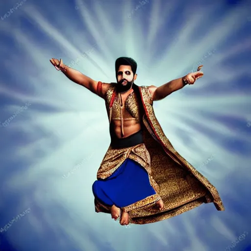 Image similar to bad photoshop of an indian man on a flying carpet singing alladin