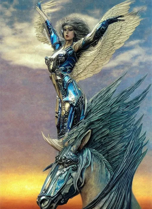 Prompt: biblical diabolical beautiful female valkyree android, on a pegasus, jump, heavy eyes to the side, closeup, bright glowing veins, in clouds, rain, sunset, portrait, by gerald brom, by mikhail vrubel, by peter elson, muted colors, extreme detail, reflections, trending on artstation, 8 k