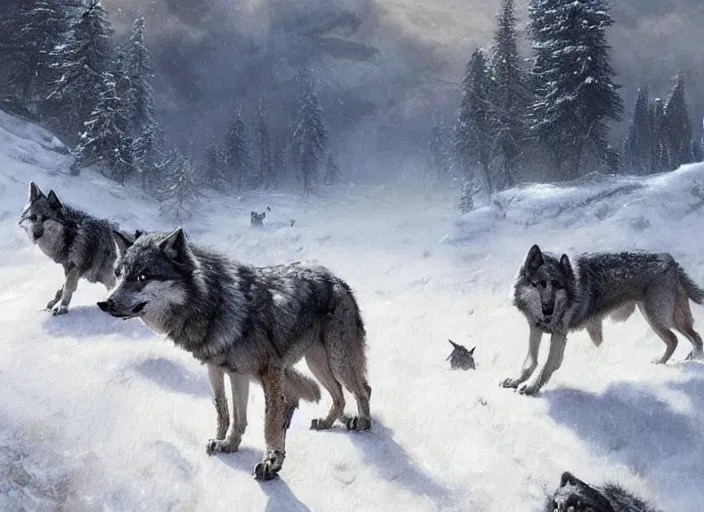 Prompt: A pack of wolves in a snowfield, a fantasy digital painting by Greg Rutkowski and James Gurney, trending on Artstation, highly detailed