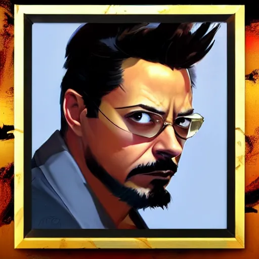 Image similar to greg manchess portrait painting of tony stark as overwatch character, totally whack, medium shot, asymmetrical, profile picture, organic painting, sunny day, matte painting, bold shapes, hard edges, street art, trending on artstation, by huang guangjian and gil elvgren and sachin teng