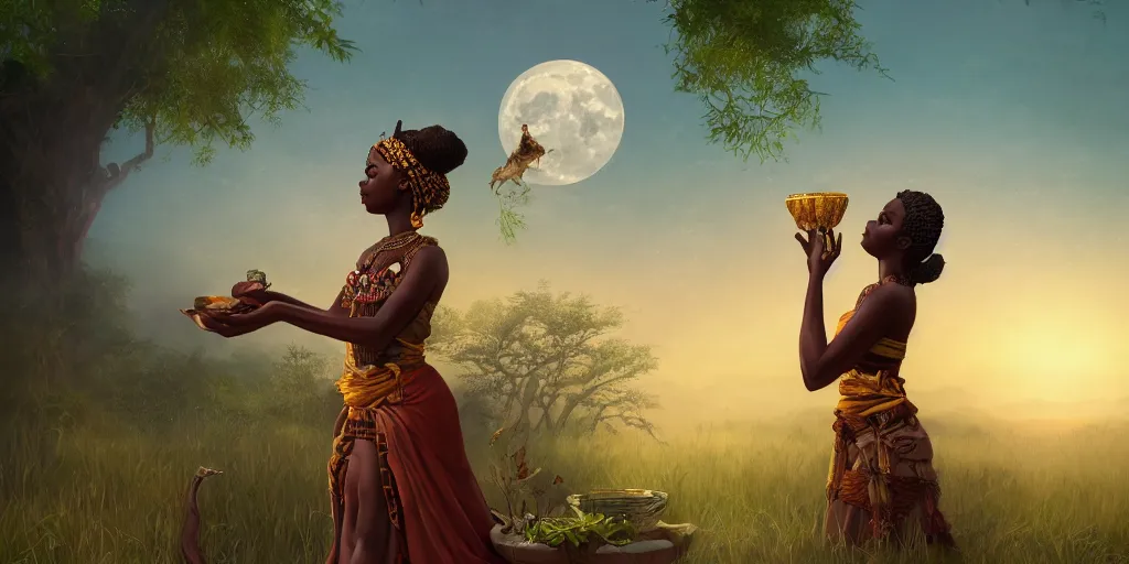 Image similar to african princess giving an offering to a heavenly being, at night, whimsical, full moon, moonlit, wildlife, mystical beasts, cinematic lighting, trending on artstation and cgsociety