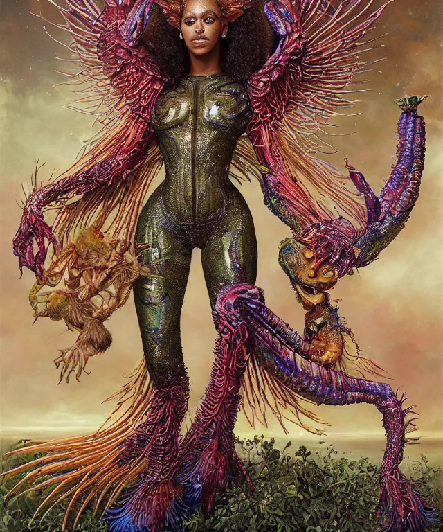 Prompt: a portrait photograph beyonce as a strong alien harpy queen with amphibian skin. she is dressed in a colorful slimy organic membrane catsuit and transforming into an bird with an armored exoskeleton. by donato giancola, walton ford, ernst haeckel, peter mohrbacher, hr giger. 8 k, cgsociety, fashion editorial