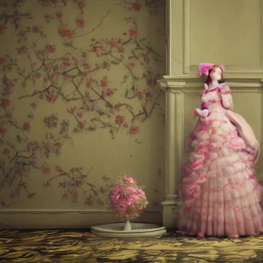 Prompt: 8 k, octane render, realism, tonalism, renaissance, rococo, baroque, cotton candy, creepy young lady wearing long harajuku manga dress with flowers and skulls ( background chaotic flowers )