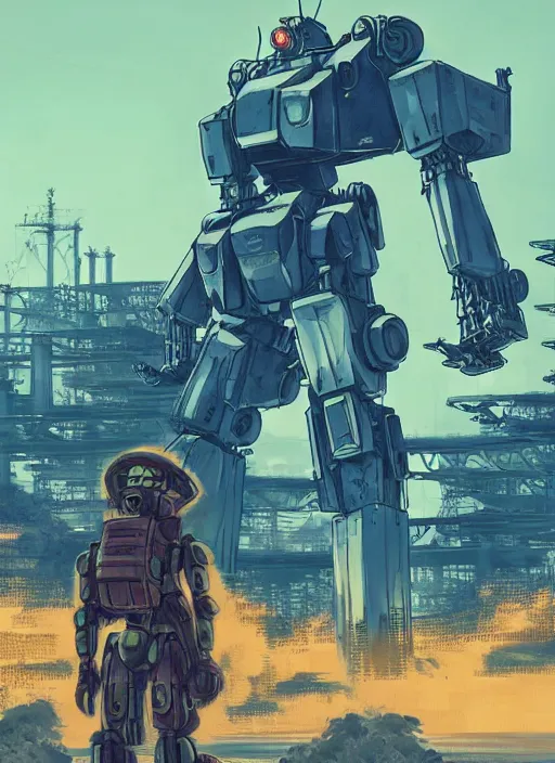 Image similar to intricate digital artwork of a giant japanese anime war mecha by simon stalenhag, by nuthin'but mech, by kallamity sketchbook, inspired by metal gear solid, neon factory background, octane render, cgstation, 4 k resolution